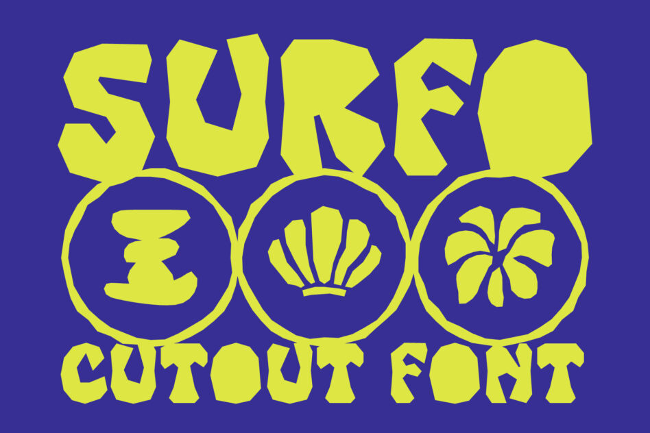 Surfo cutout font in yellow letters on dark blue background with circular icons