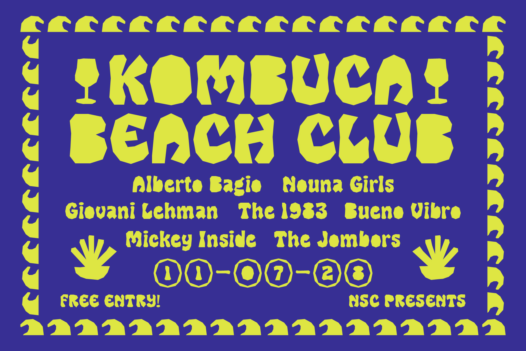 Kombuça Beach Club event poster in yellow type on navy with wave border details
