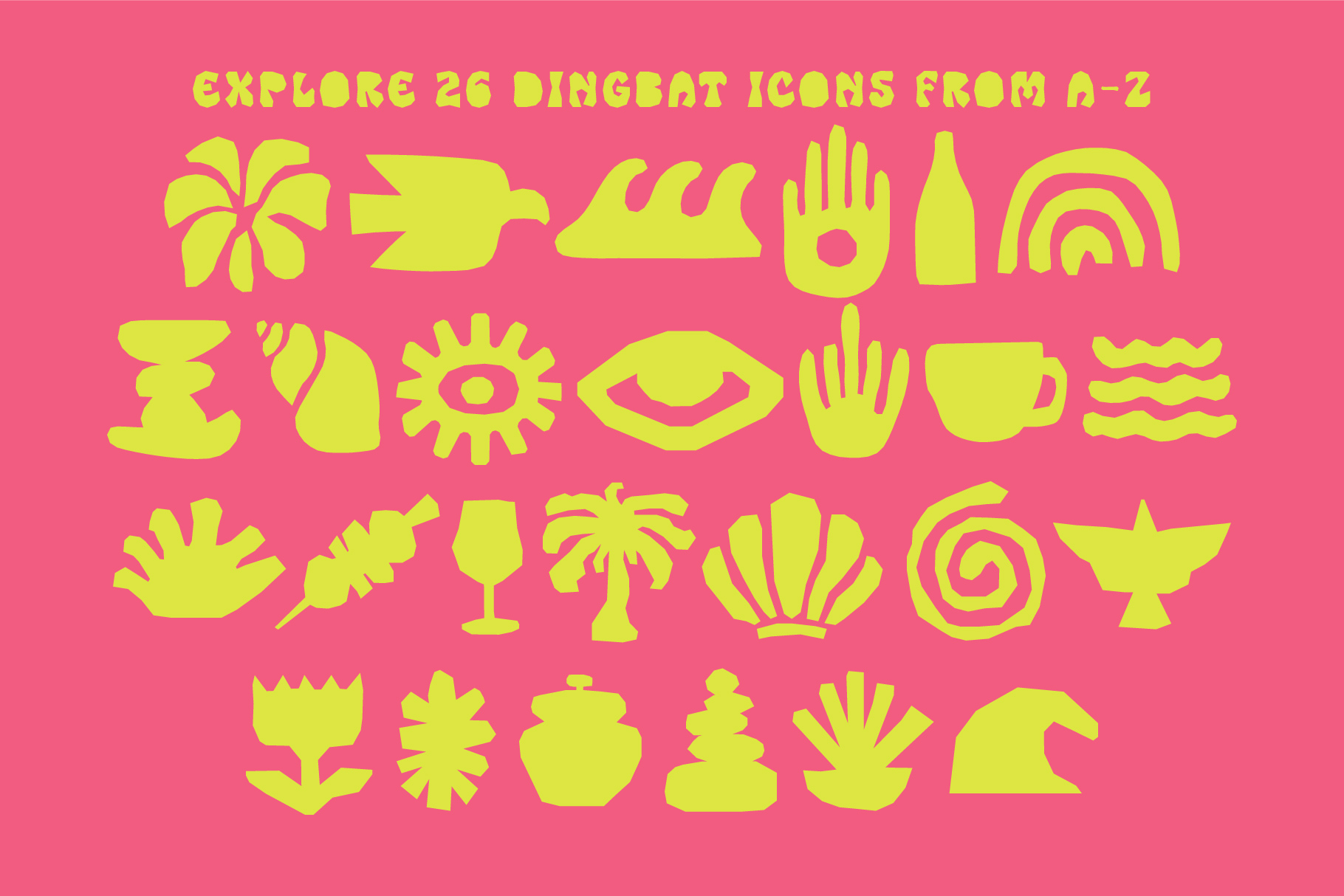 26 lime green dingbat icons arranged in rows on hot pink background