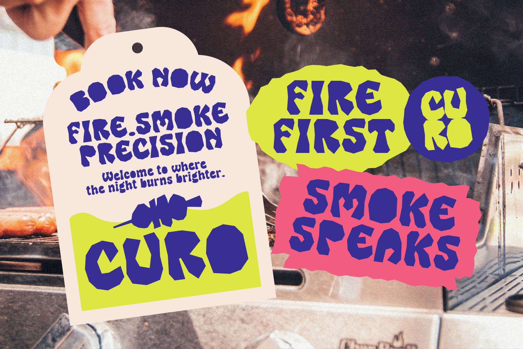 Colorful tags on fire background with text about book now, fire, smoke, precision, curo