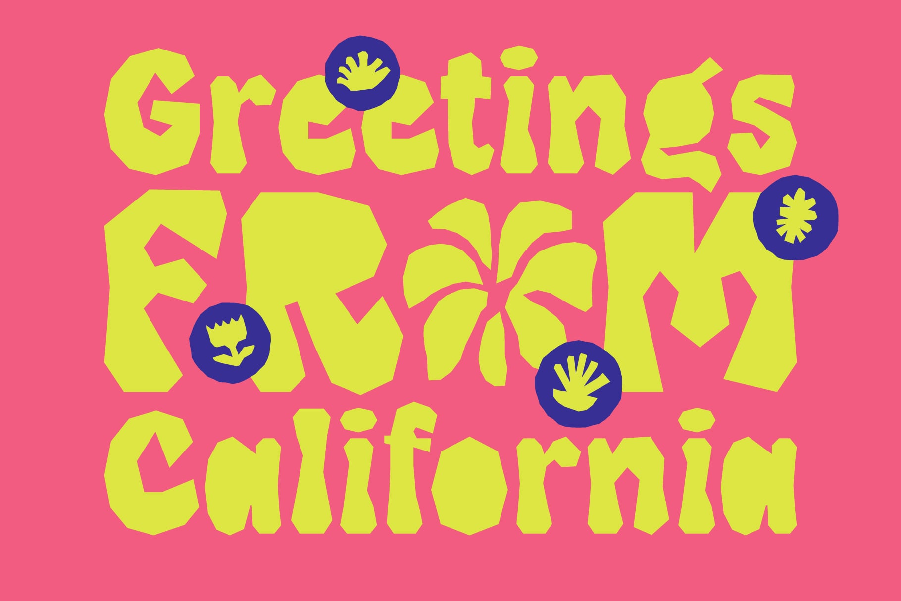 Greetings From California text in neon yellow with decorative icons