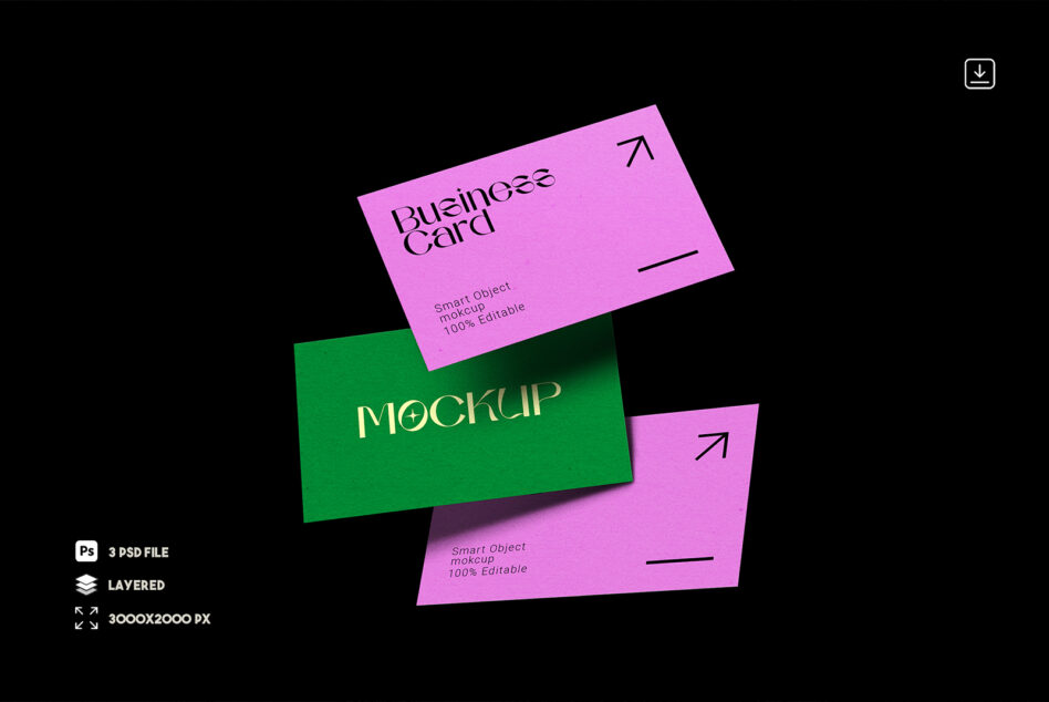 Bright pink business cards with green mockup card fanned out on black background