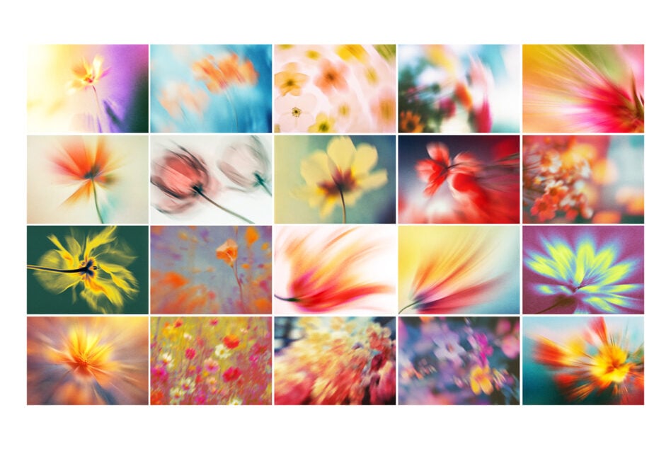 Vibrant blurred flower photos with motion blur in rainbow colors, soft pastels, bold reds