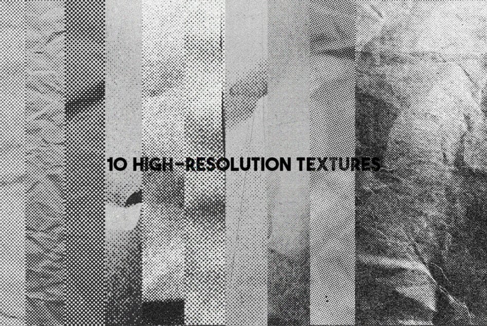 Grid of 10 high resolution halftone dot texture patterns in grayscale