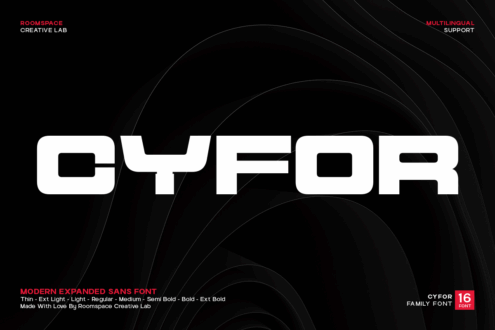 Cyfor font showcase with large white letters on black background with circular design elements