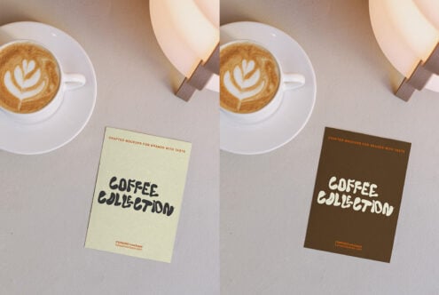Split shot showing cream then brown card mockup variations with coffee cup