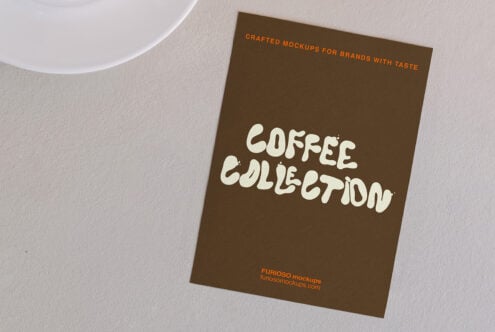Brown cardstock mockup with cream Coffee Collection lettering, white cup nearby