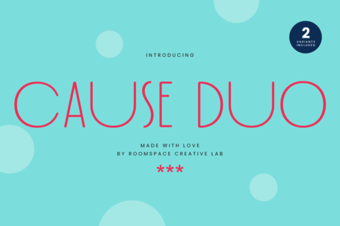 Cause Duo font display with turquoise background, pink outlined letters, 2 variants included