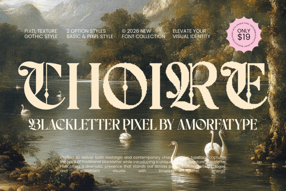 Ornate serif typeface over misty landscape with swans in water, vintage gothic feel