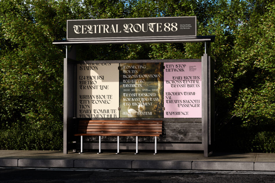 Bus stop mockup surrounded by greenery, featuring Central Route 88 signage with urban transit and commuter schedule posters, ideal for graphic design.