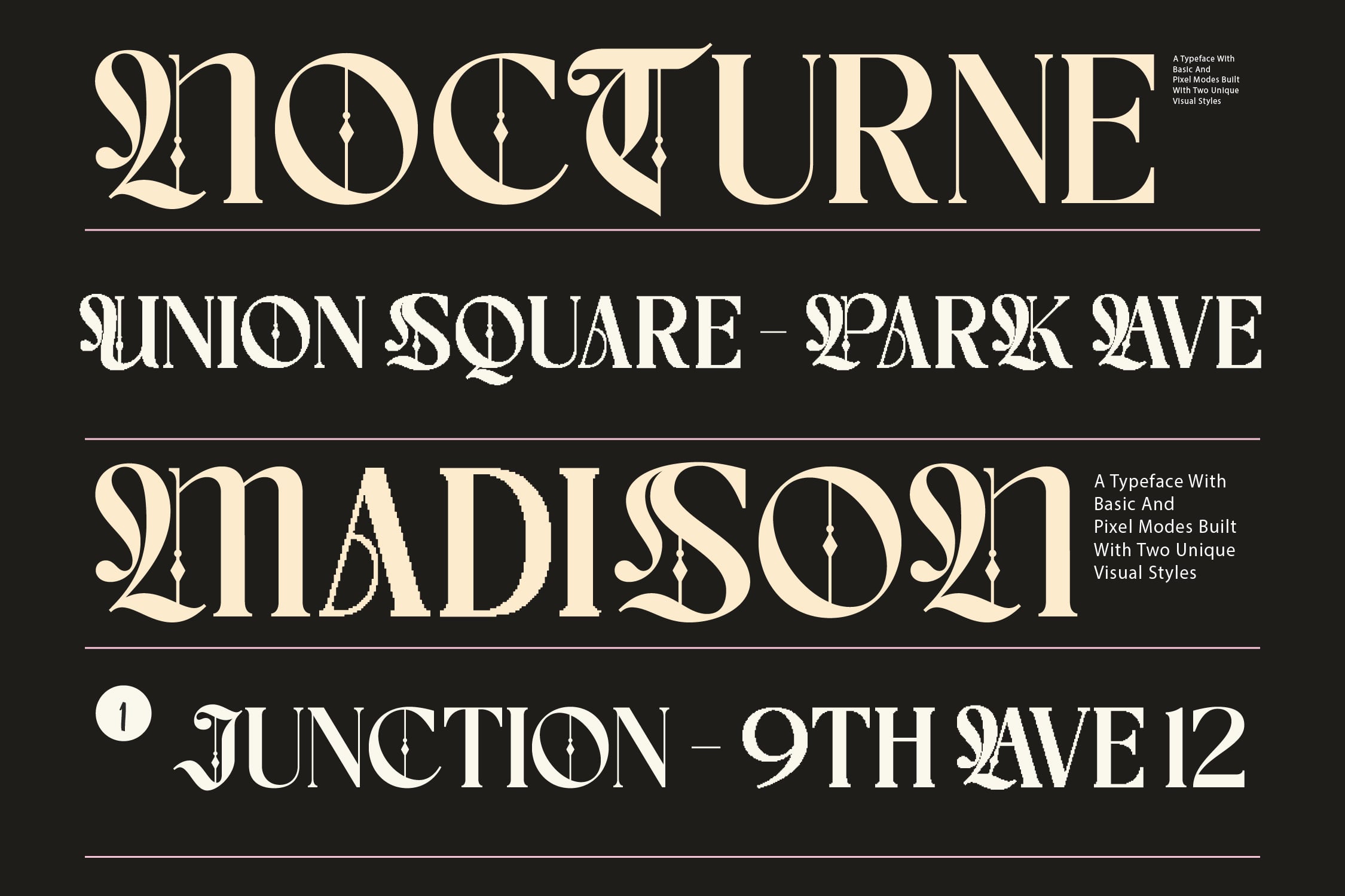 Cream serif typeface displayed on black background with location headings, decorative ornaments, horizontal divider lines