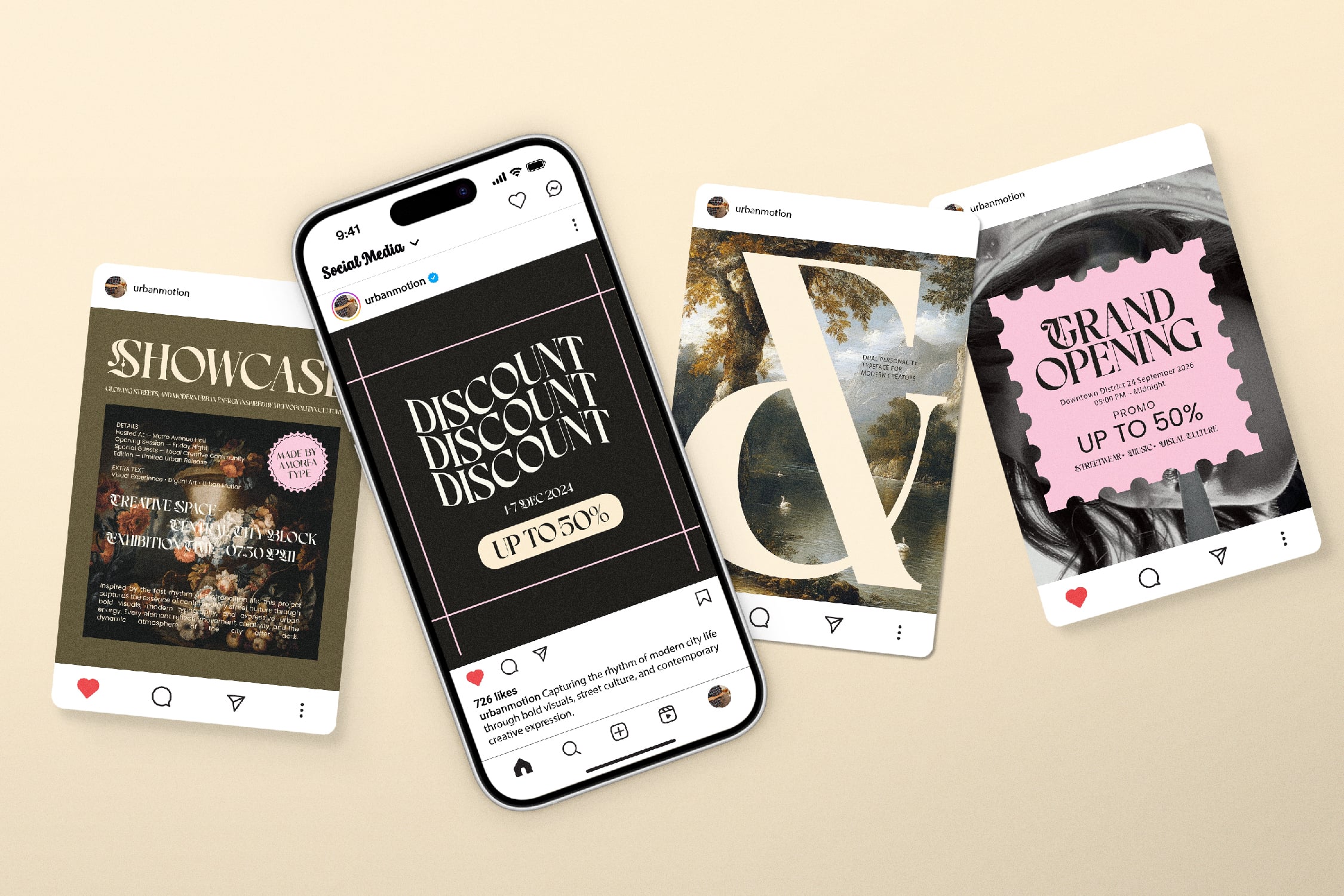 iPhone mockup with Instagram posts featuring serif typeface designs, pink badges, natural texture backdrop on beige surface