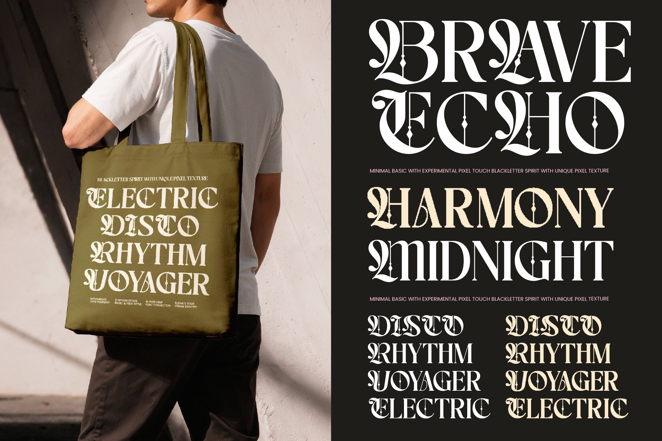 Olive tote bag mockup with serif font text, styled with type specimen showing decorative letterforms on dark background