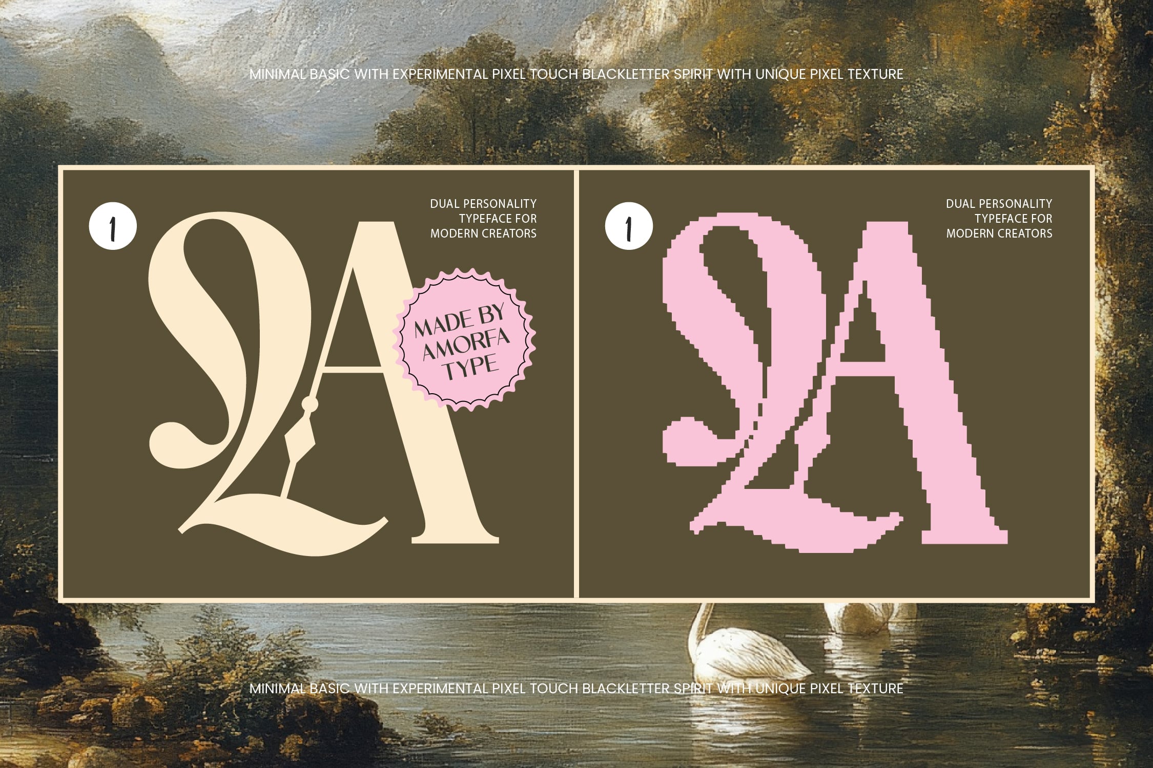 Side by side serif font comparison in cream classic style versus pixelated pink experimental version on olive background