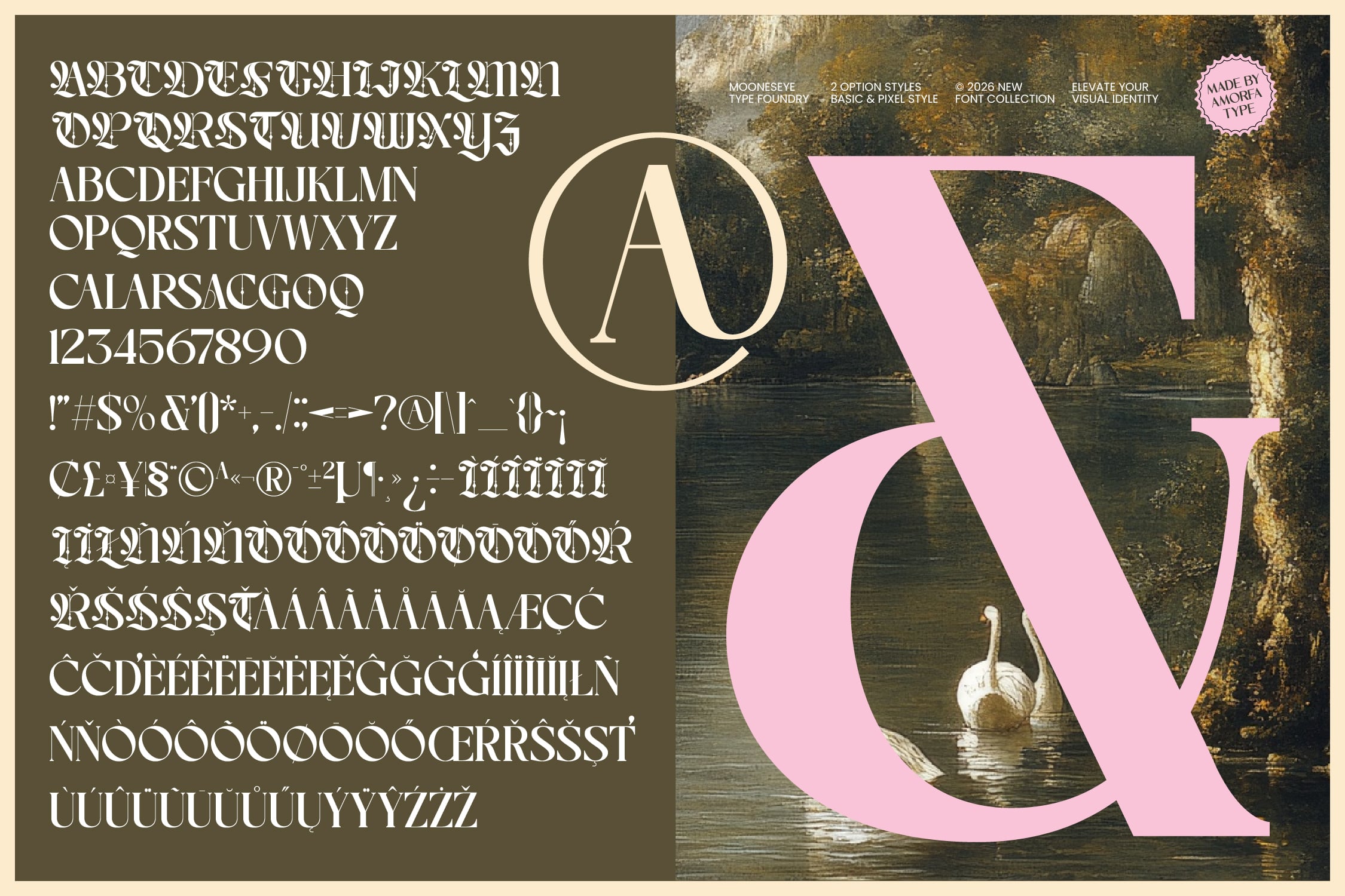 Mooneseye serif font with cream uppercase letters, numbers, symbols on textured background with pink ampersand overlay