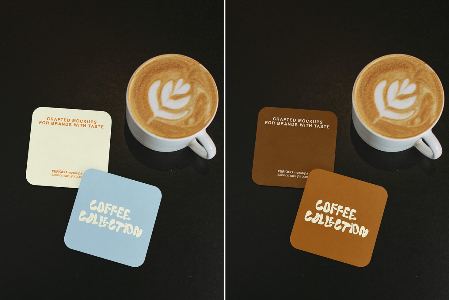 Two card color variations side by side with cappuccino cups on dark backdrop