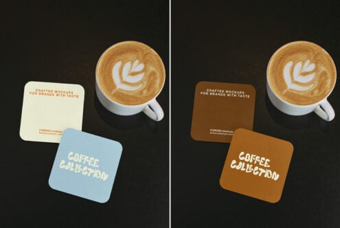 Two card color variations side by side with cappuccino cups on dark backdrop