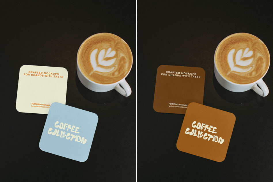 Two card color variations side by side with cappuccino cups on dark backdrop