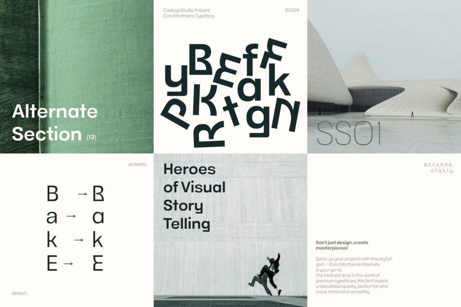 Cora Montserra typeface specimen showing bold geometric letterforms with architectural photography backgrounds