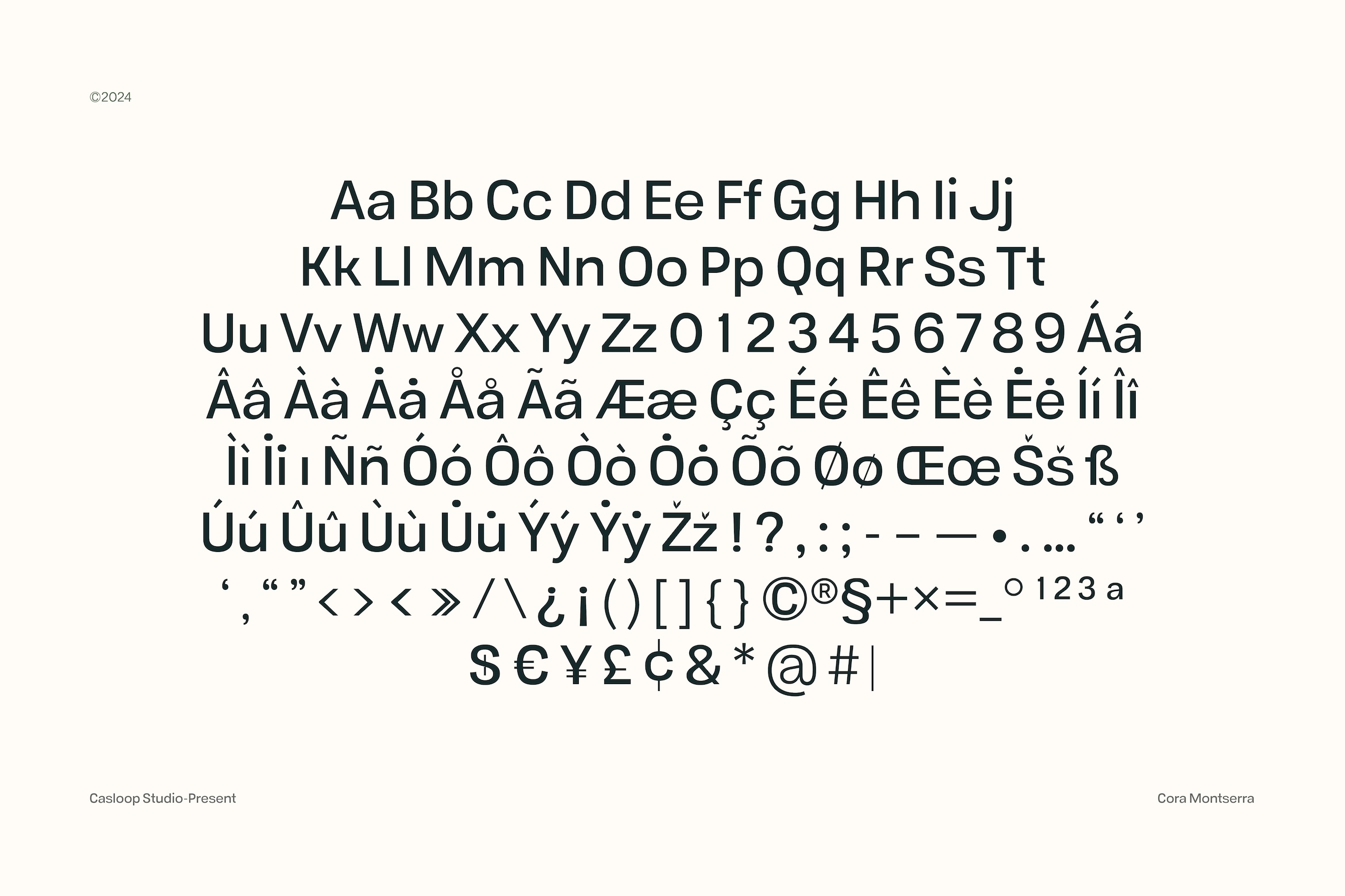 Casloop Studio Present typeface showing full character set with international accents, numbers, symbols on cream background