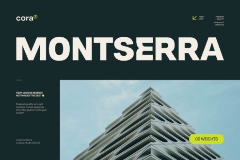 Cora Montserra sans serif font displayed over modern architecture with geometric building facade