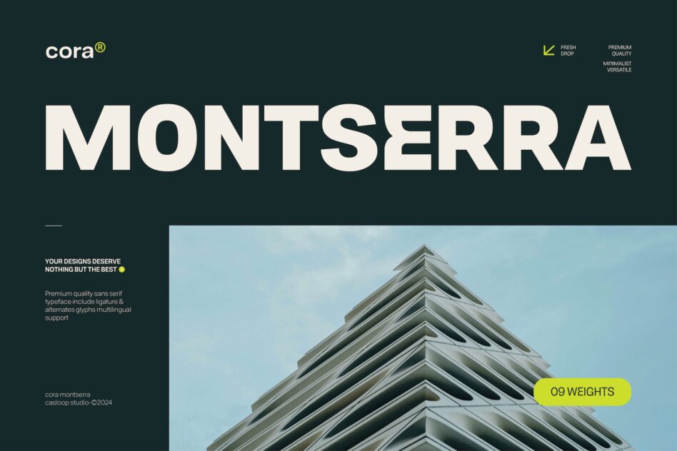 Cora Montserra sans serif font displayed over modern architecture with geometric building facade
