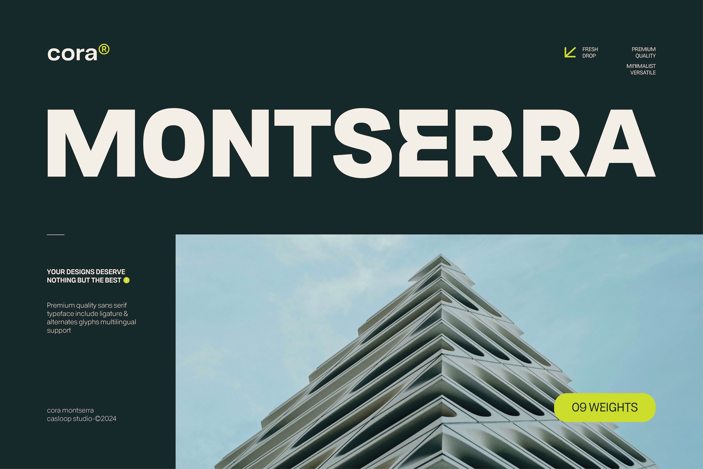 Cora Montserra sans serif font displayed over modern architecture with geometric building facade