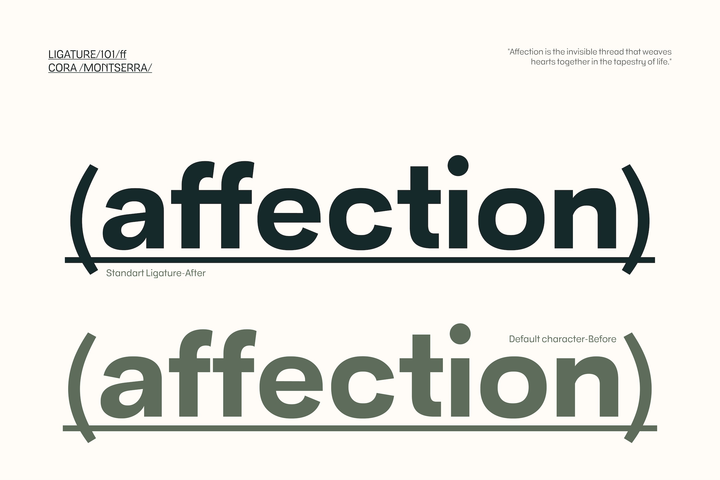 Ligature comparison showing affection word in dark navy with standard after ligature versus sage green with default before ligature