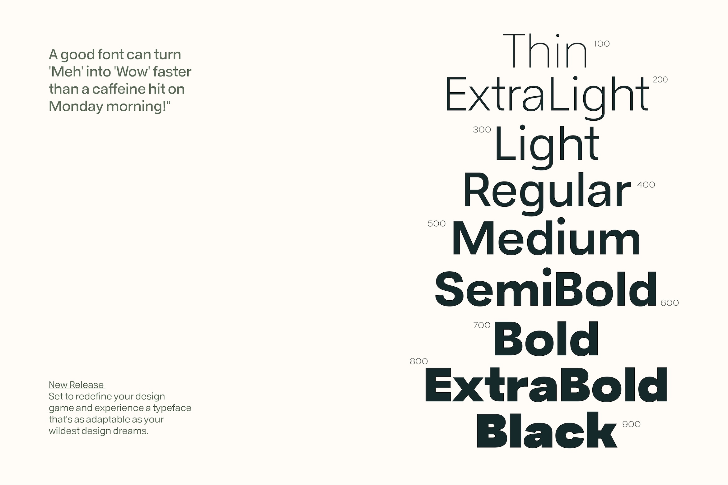 Modern sans serif typeface displaying weight variations from thin to black with numbered scales