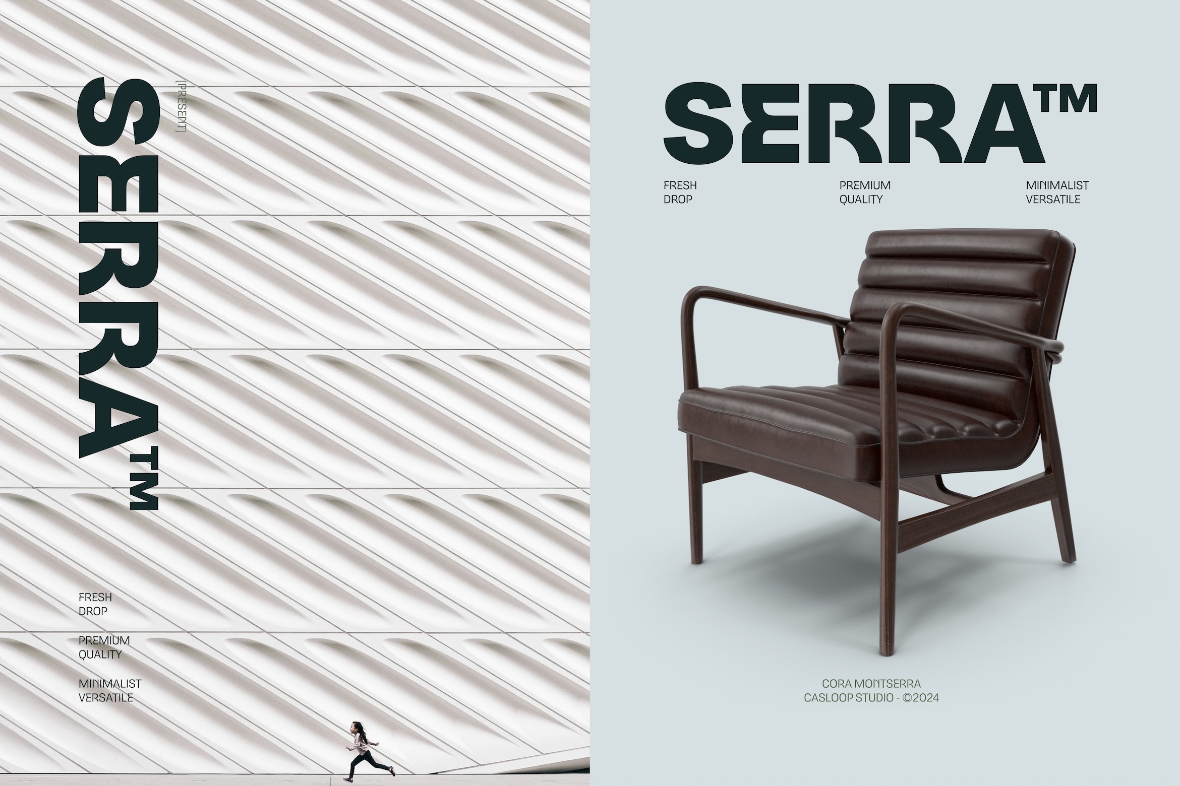 Serra chair mockup with brand identity layout showing dark leather seat against light striped background