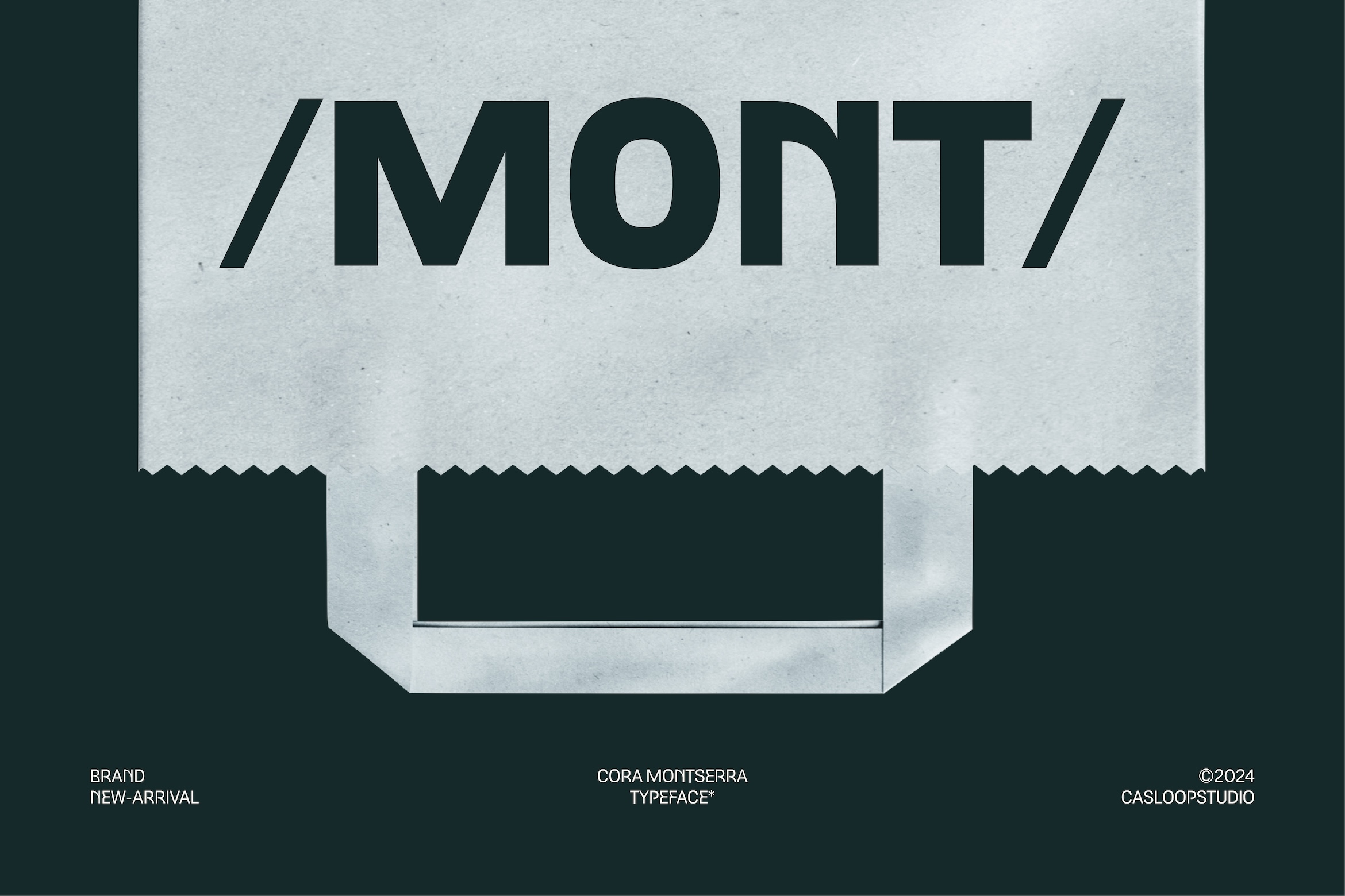 Cora Montserra typeface on textured paper with jagged edges, minimalist design mockup