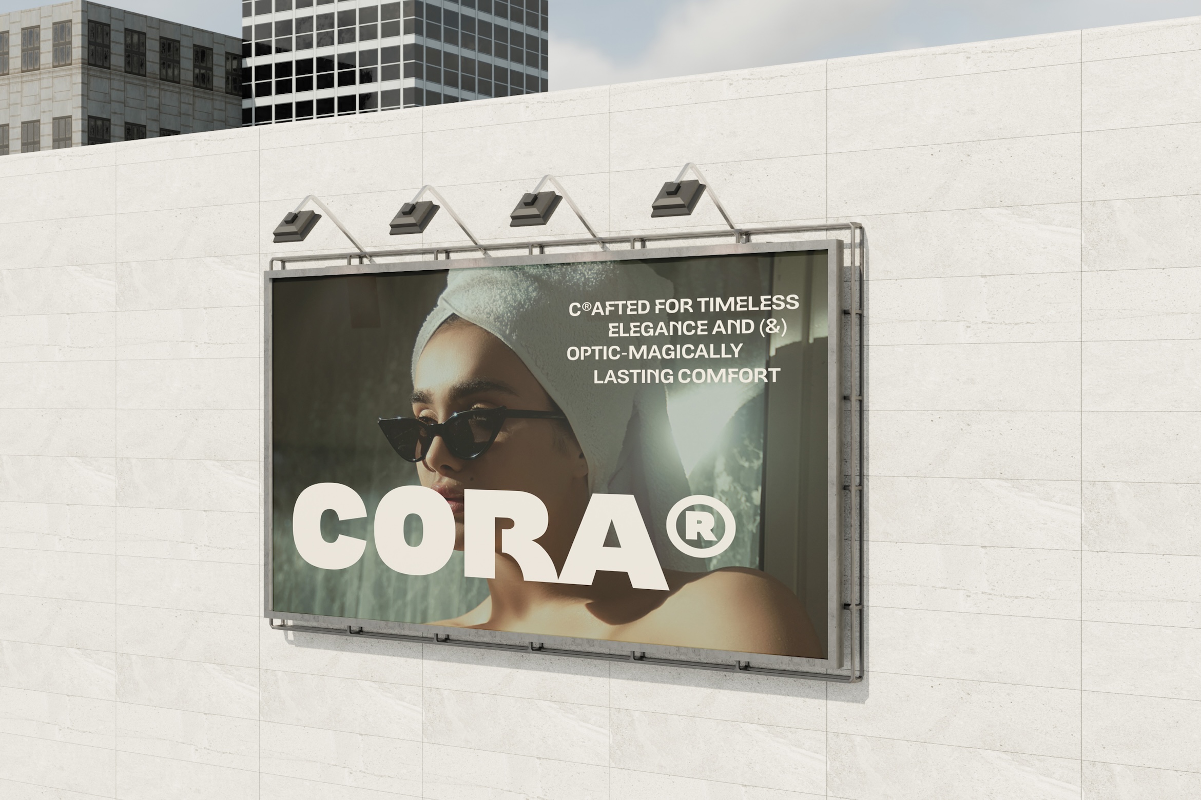 Billboard mockup showing sunglasses brand campaign on white brick wall with city skyline