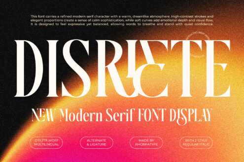 Modern serif font display on a gradient background. High-contrast strokes and elegant proportions ideal for designers. Keywords: font, design, typography.