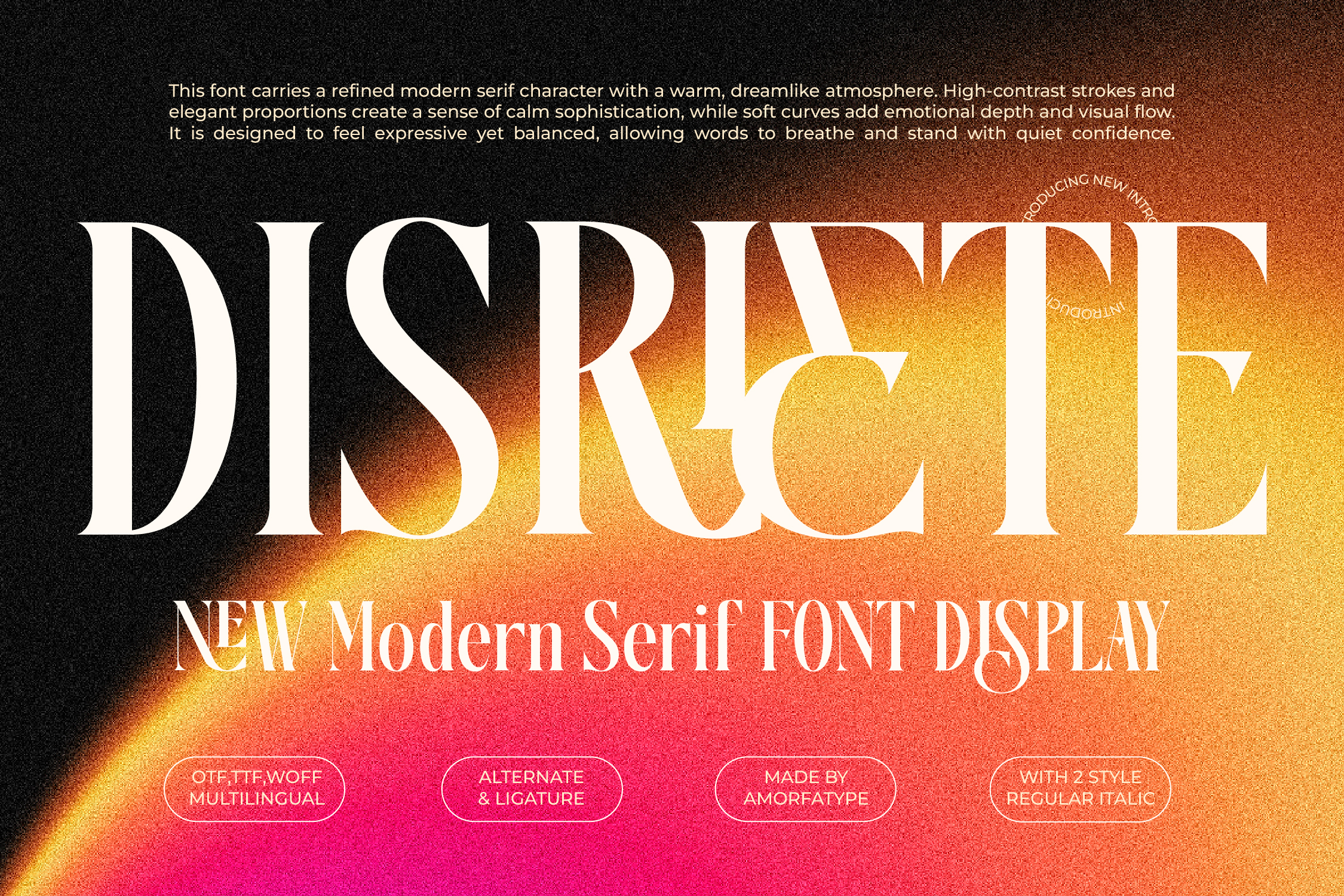Modern serif font display on a gradient background. High-contrast strokes and elegant proportions ideal for designers. Keywords: font, design, typography.