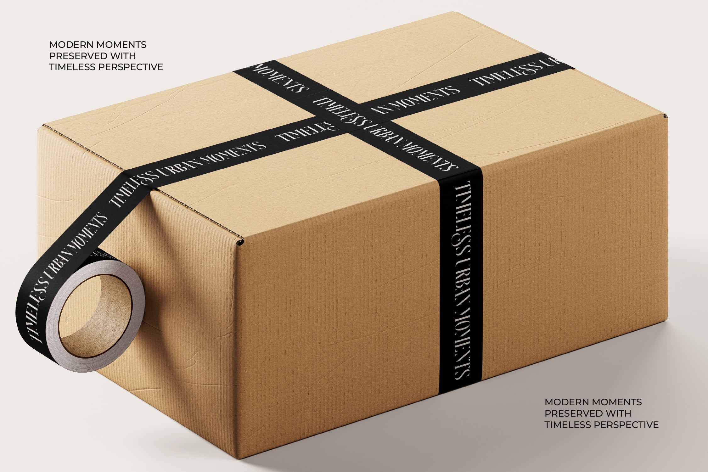 Kraft box wrapped with black ribbon tape labeled timeless urban moments