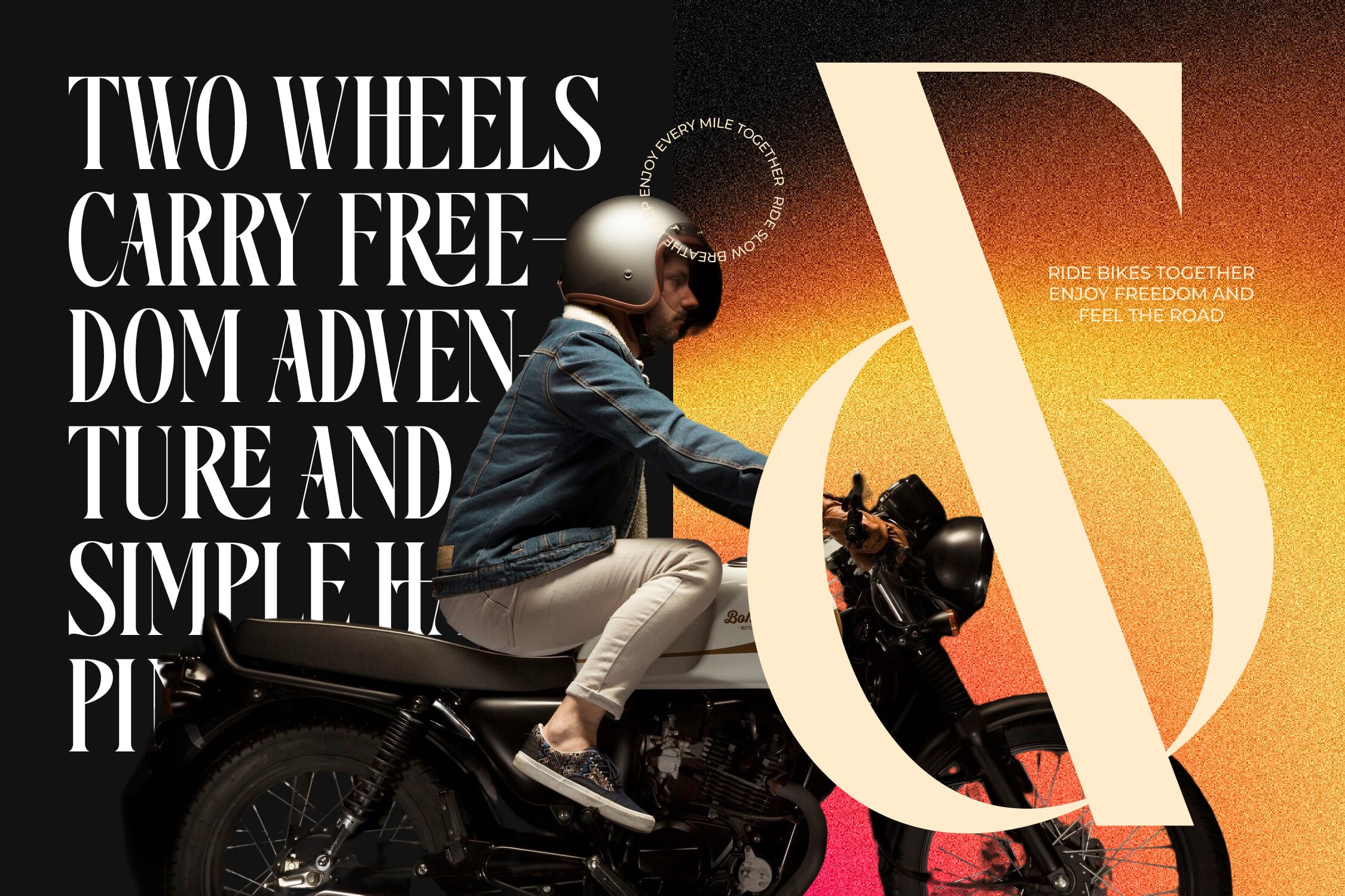 Biker on motorcycle with warm gradient background, two wheels adventure heading