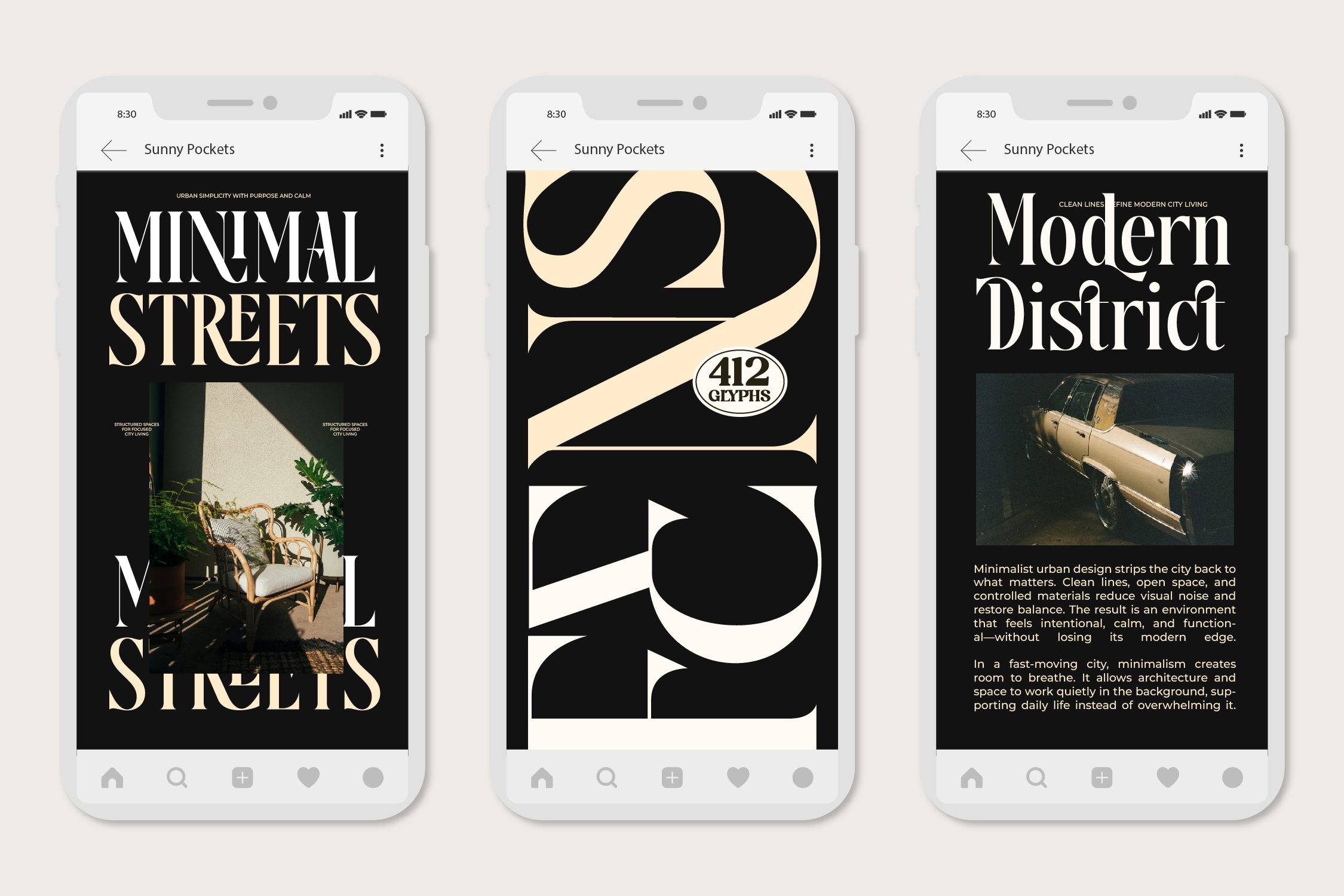 Three phone screens showing minimal streets, glyph font, modern district designs