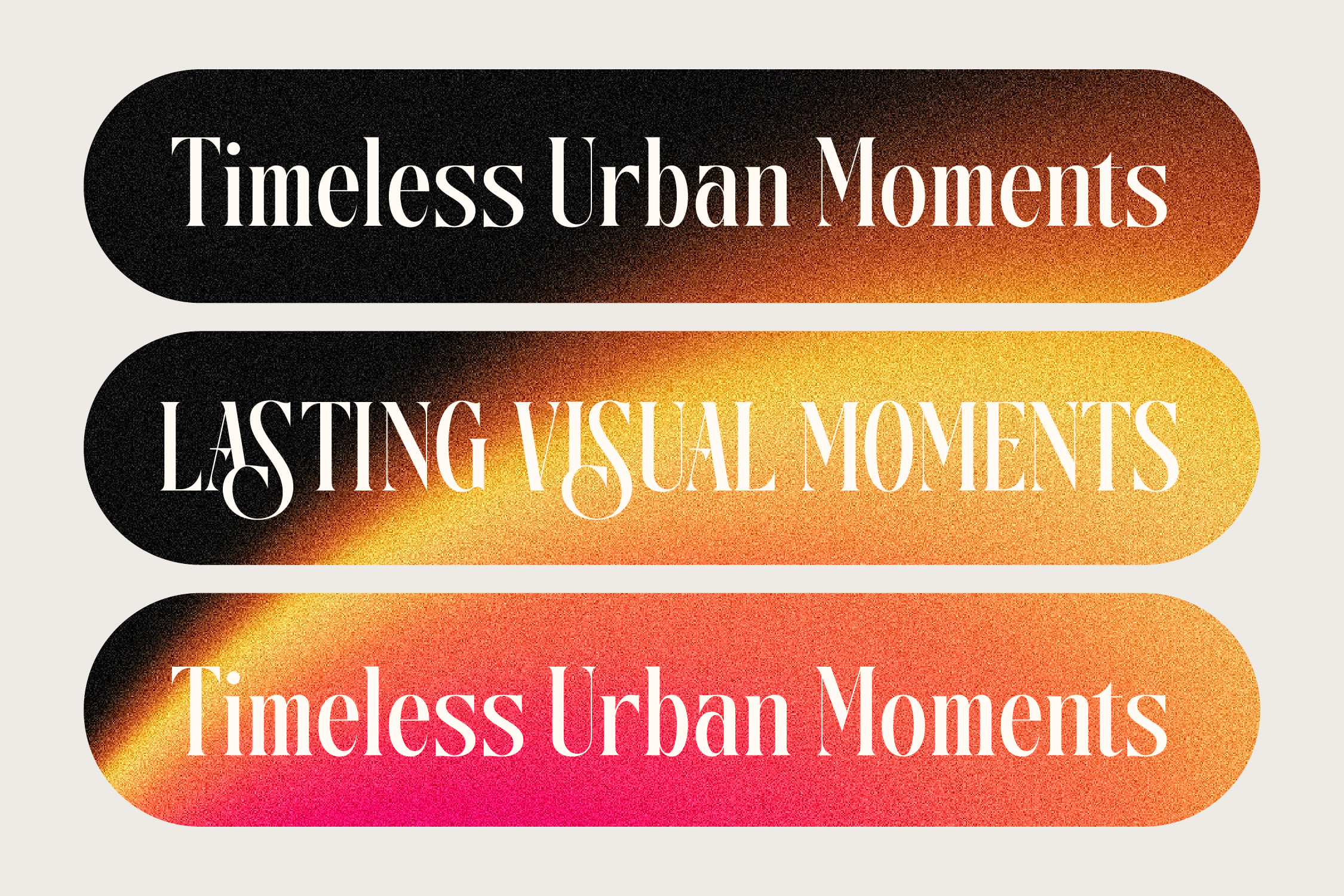 Three rounded gradient bars in orange, yellow, red with timeless urban moments text