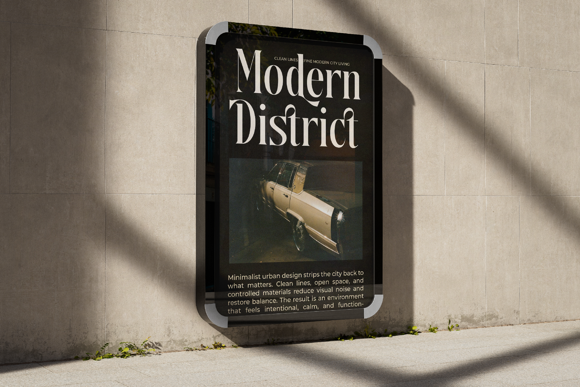 Street-mounted billboard mockup featuring modern district title over vintage car