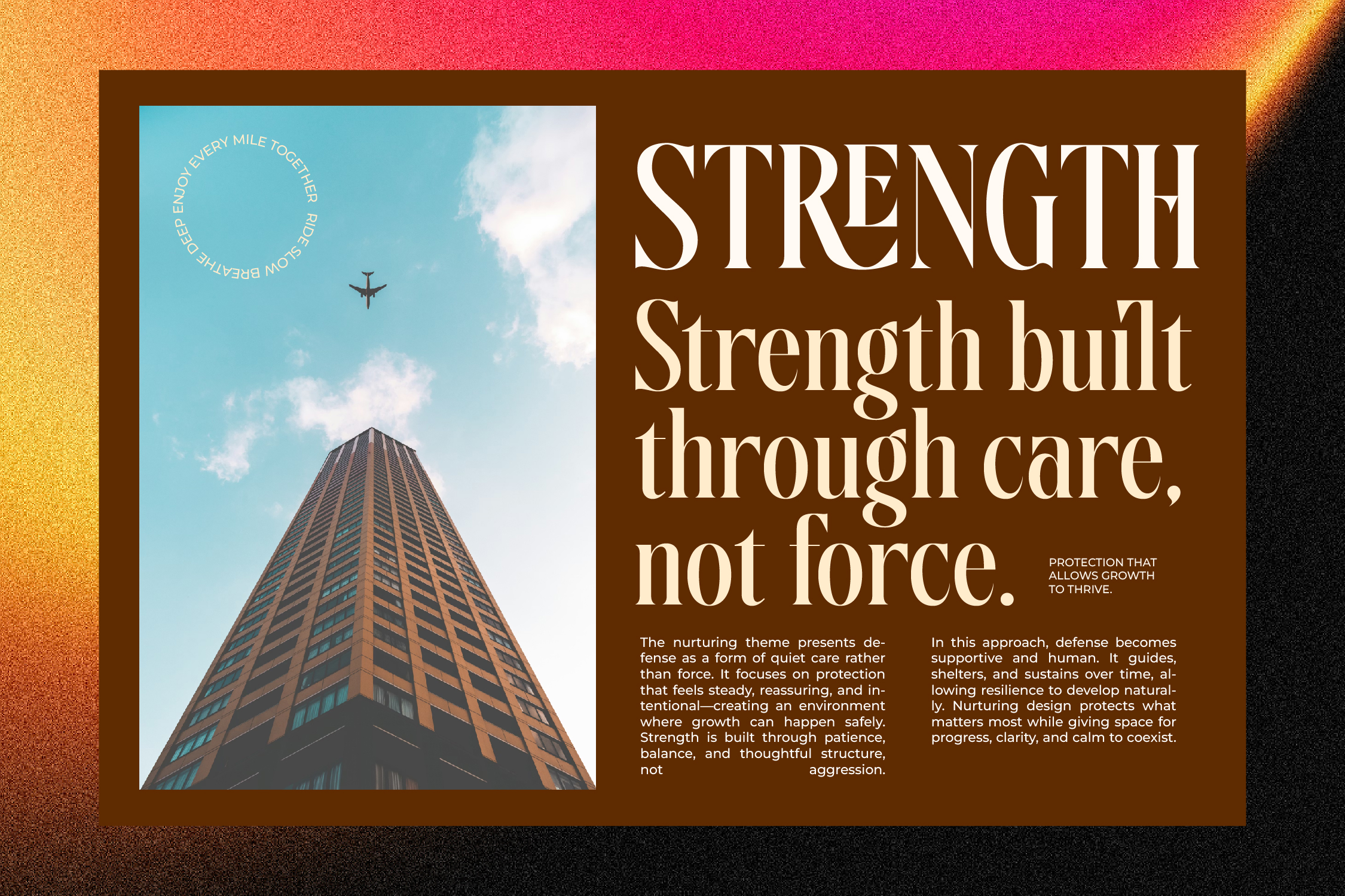 Brown horizontal layout with tall building photo, strength tagline, plus text blocks
