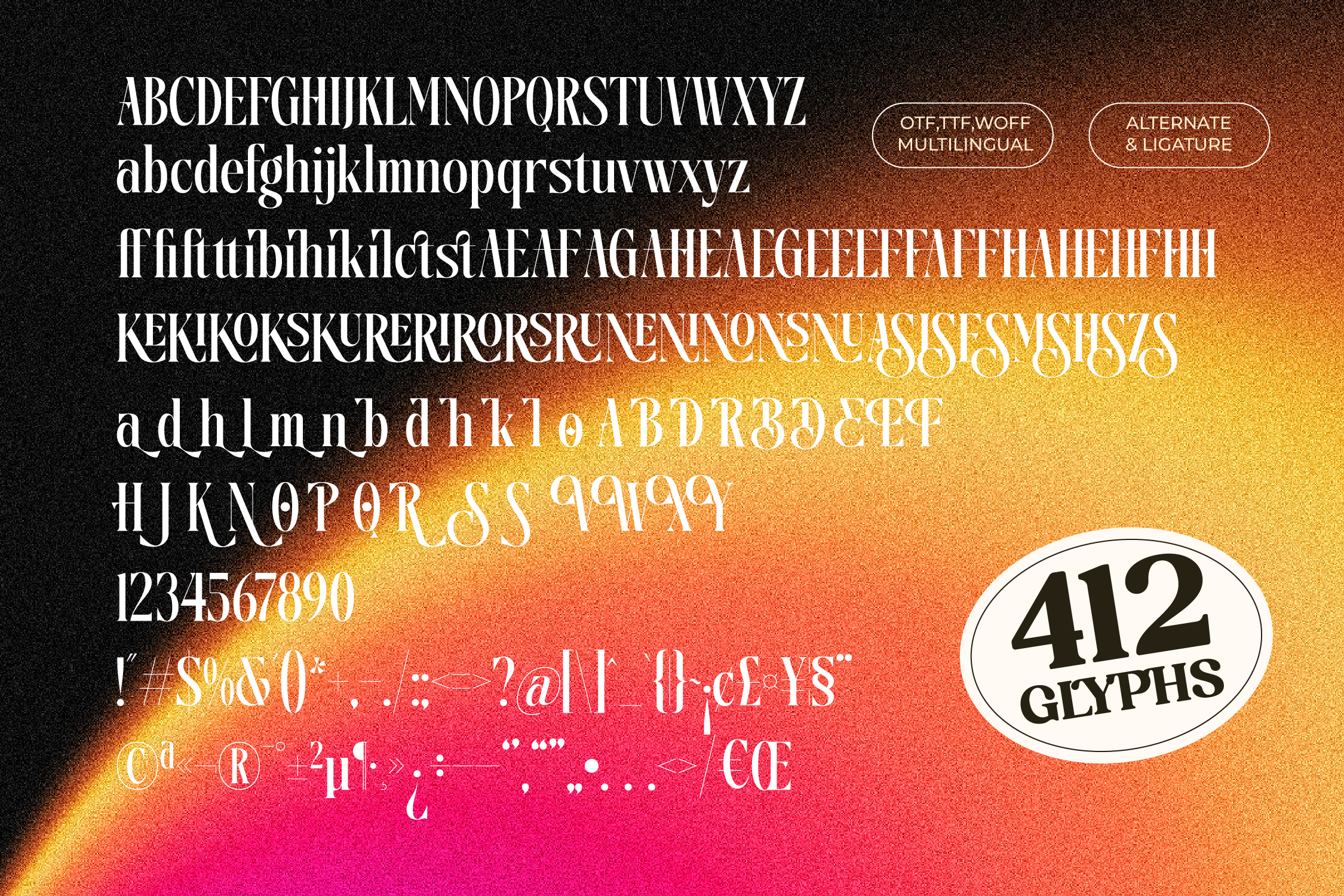Font pack showcasing uppercase, lowercase letters, numerals, punctuation on gradient background with 412 glyphs. Ideal for typography, design projects.