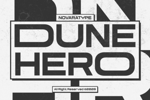 Dune Hero typeface specimen in bold grunge style against light textured background