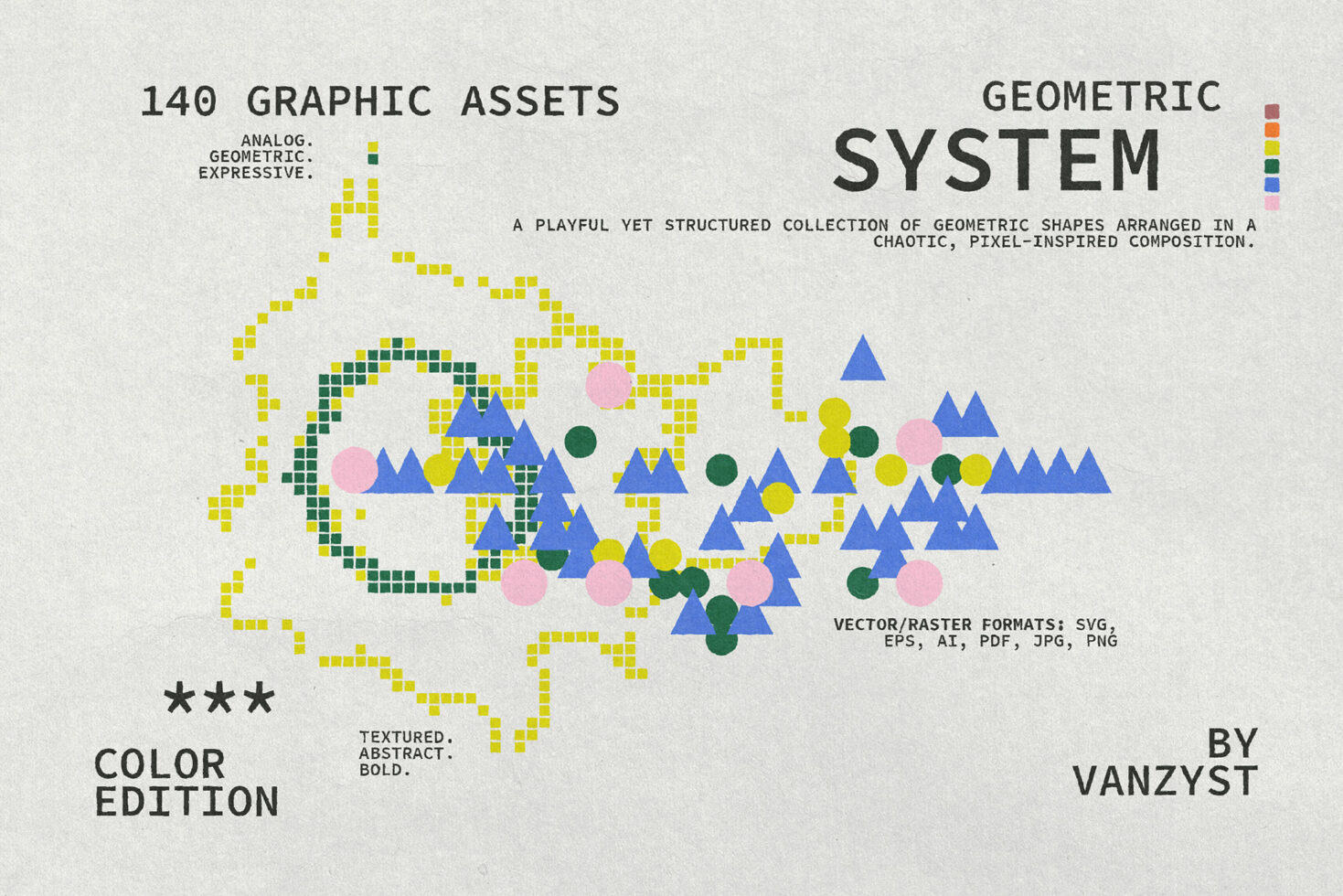 140 geometric graphic assets with pixel-inspired shapes in multiple colors