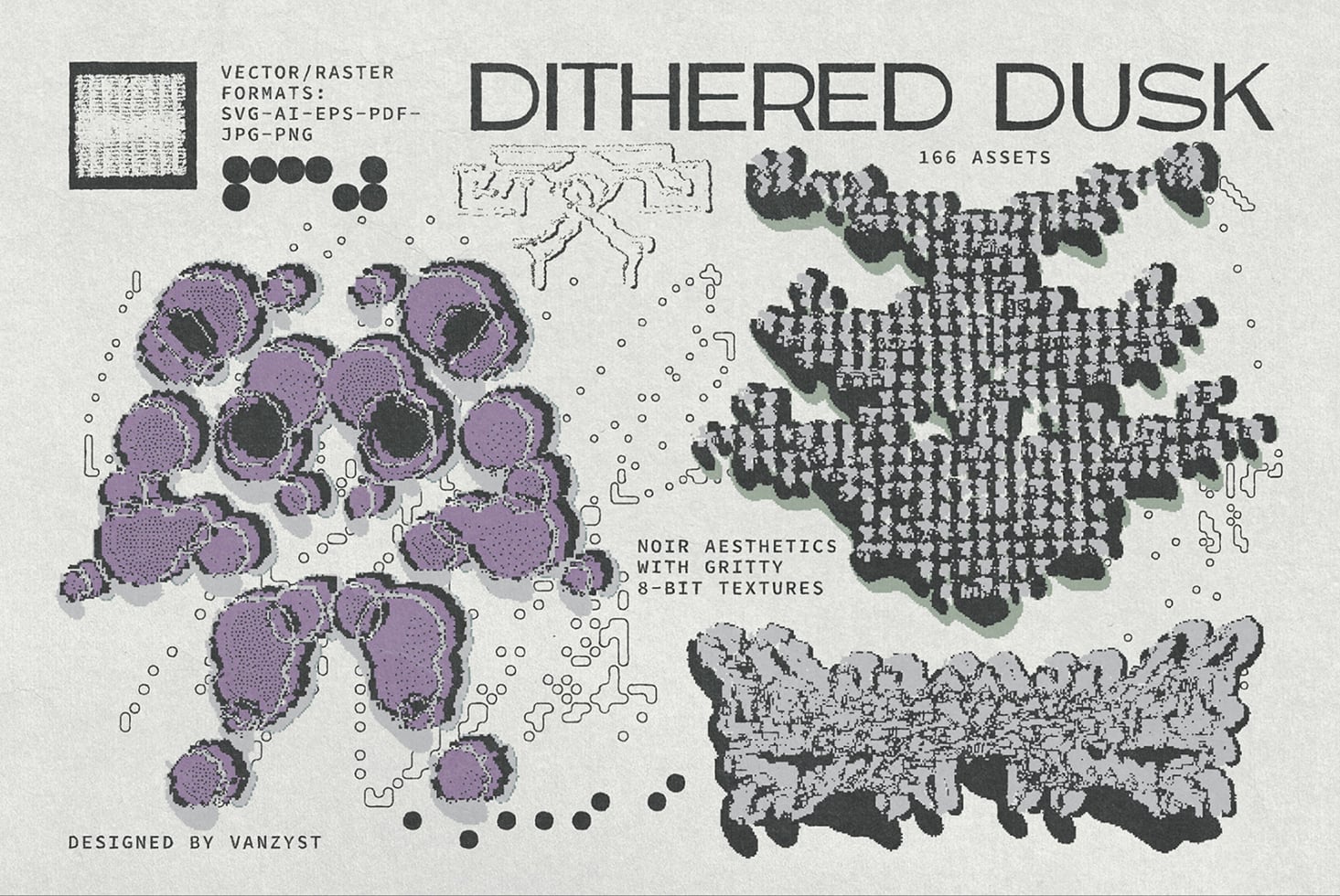 Dithered Dusk graphic asset collection with 166 vector textures, shapes, plus gritty 8-bit elements