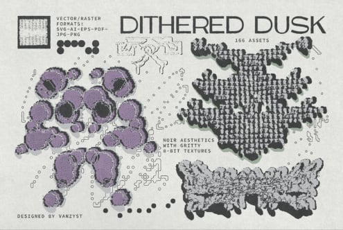 Dithered Dusk graphic asset collection with 166 vector textures, shapes, plus gritty 8-bit elements