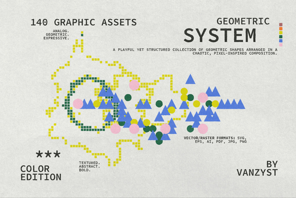 Mountain landscape outline made of yellow pixels with blue triangles, circles scattered throughout