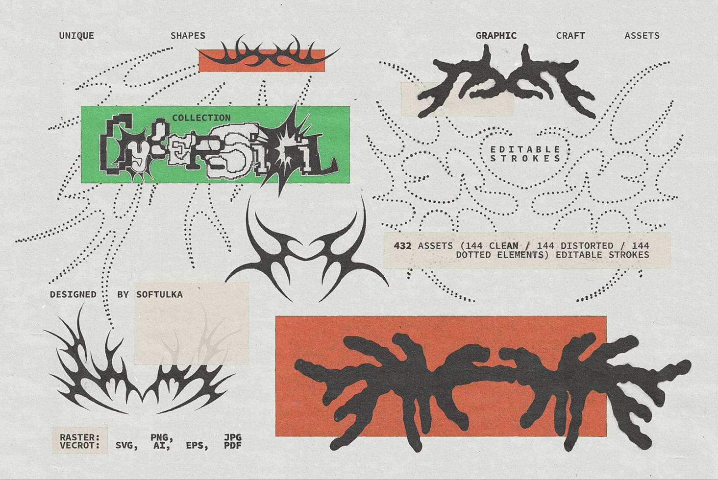 Collection of 432 organic graphic assets with spiked forms in multiple render styles for design projects