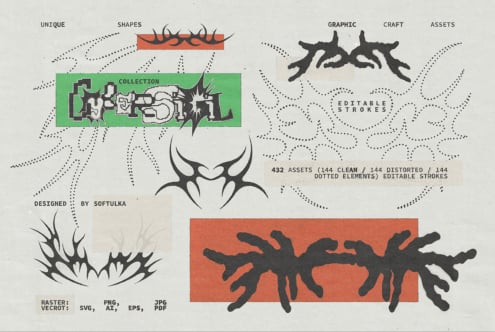 Collection of 432 organic graphic assets with spiked forms in multiple render styles for design projects