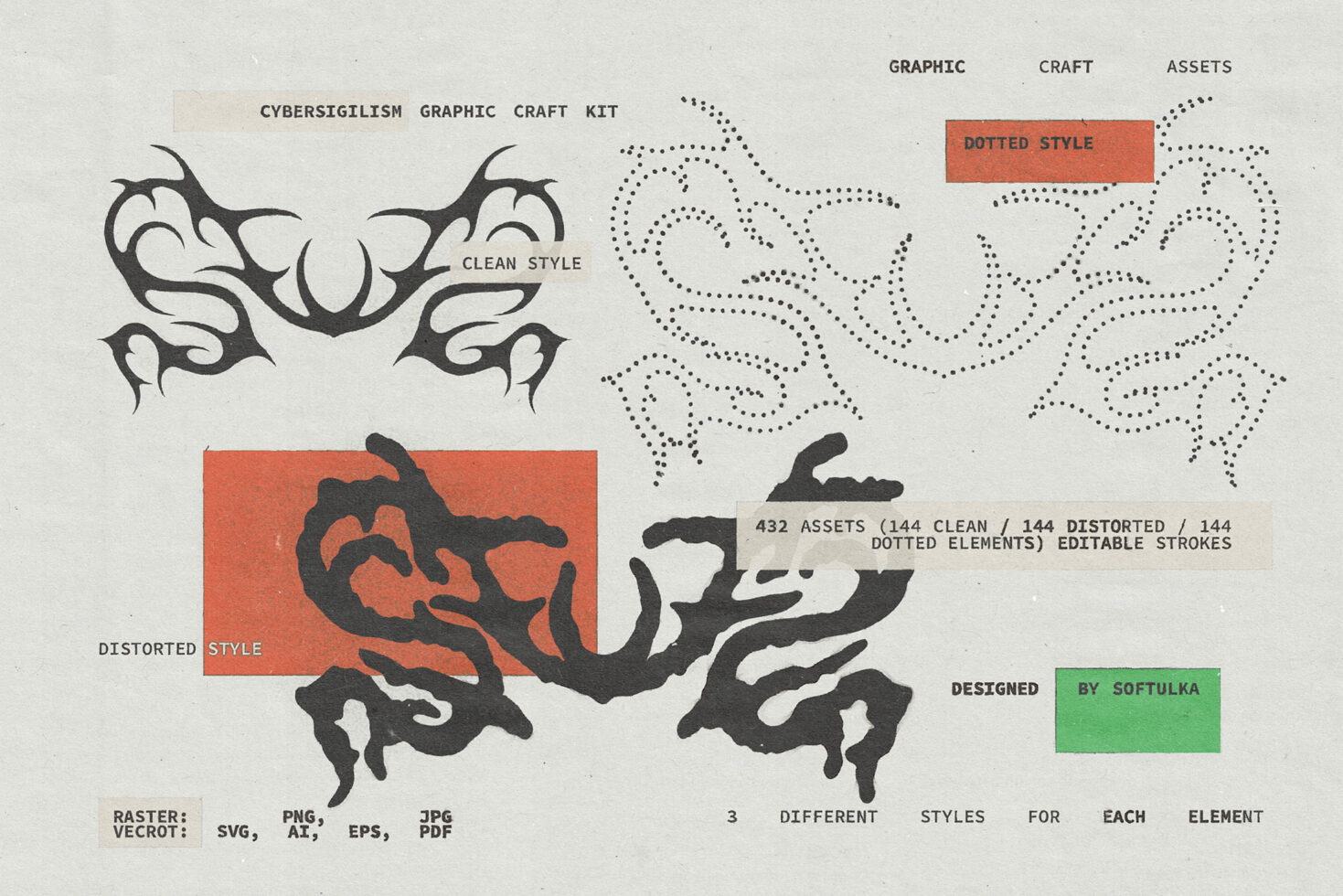 Cybersigilism design kit displaying tentacle-like shapes in clean, distorted, dotted render styles
