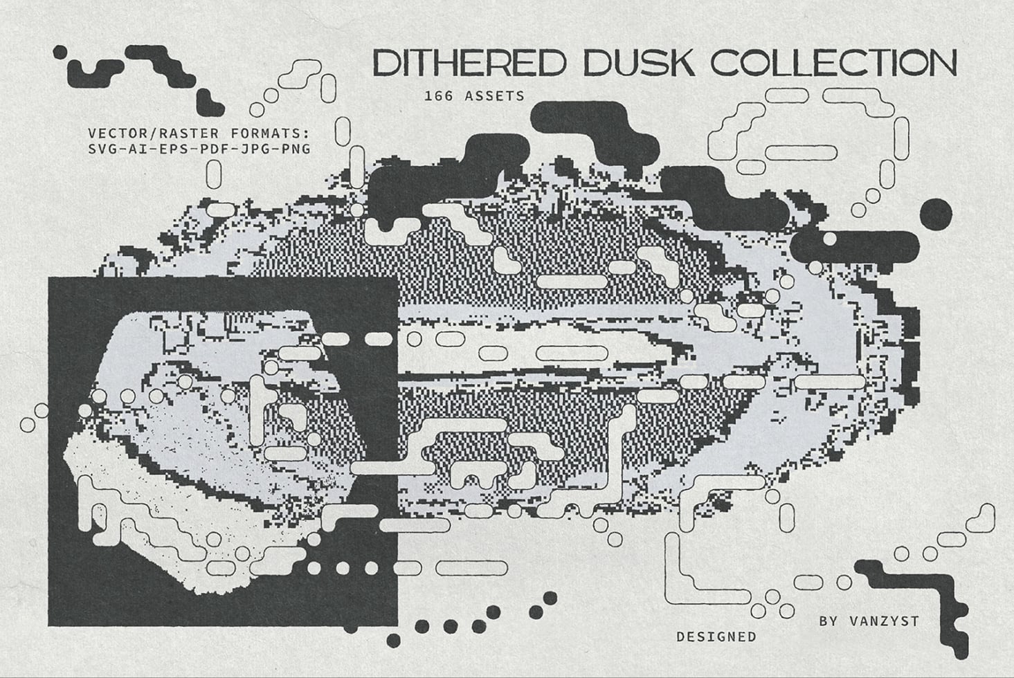 Dithered Dusk Collection cover showing 166 retro pixel assets in SVG, AI, EPS, PDF, JPG, PNG formats